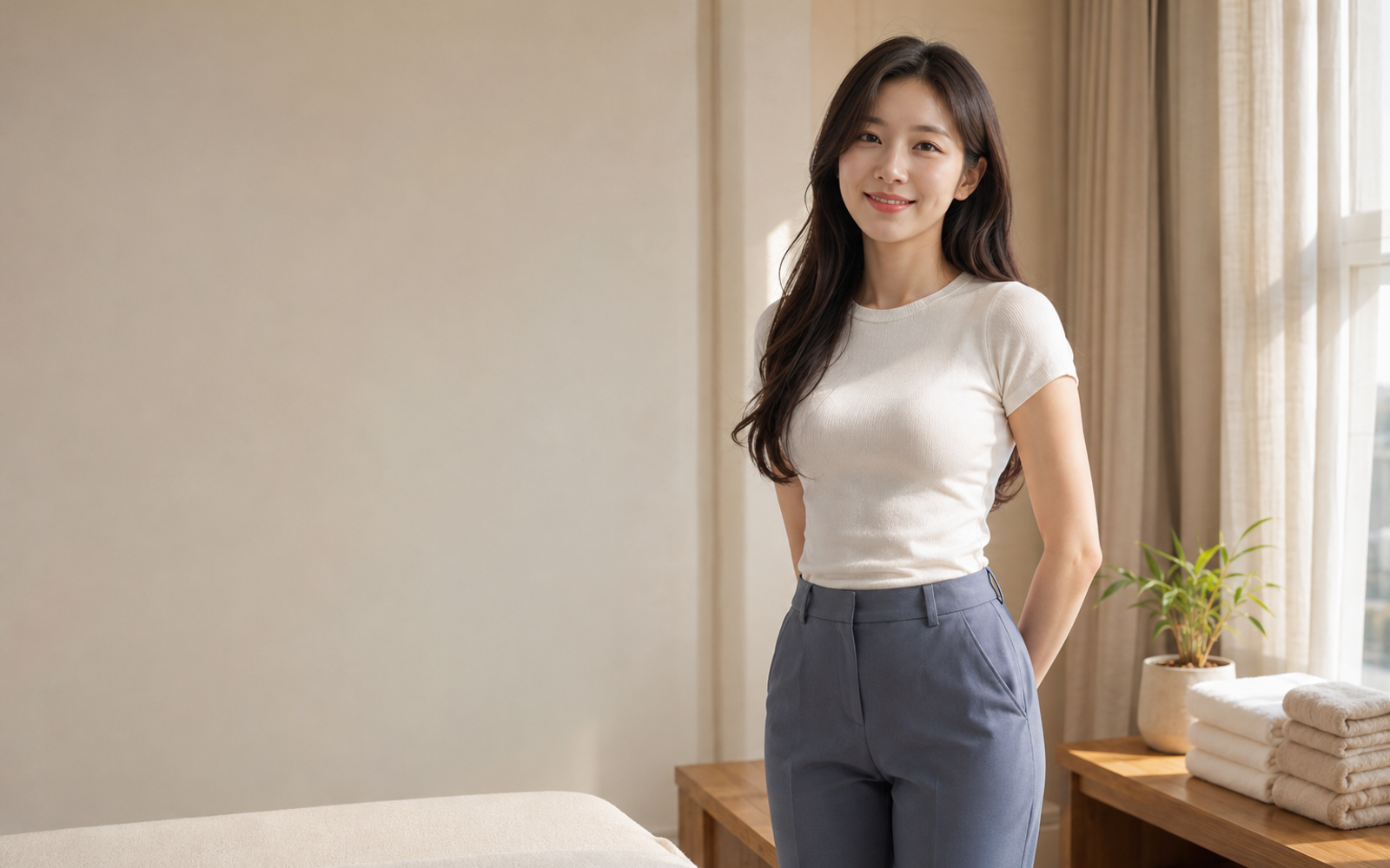 성남 수내 방문 홈케어를 안내하는 젊은 성인 한국 여성 관리사